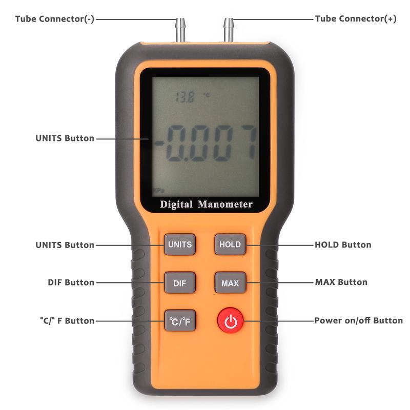 Digital Manometer LCD Display ℃ ℉ Switchable 12 Pressure Units Adjustable Indoor Temperature Measurement Tool