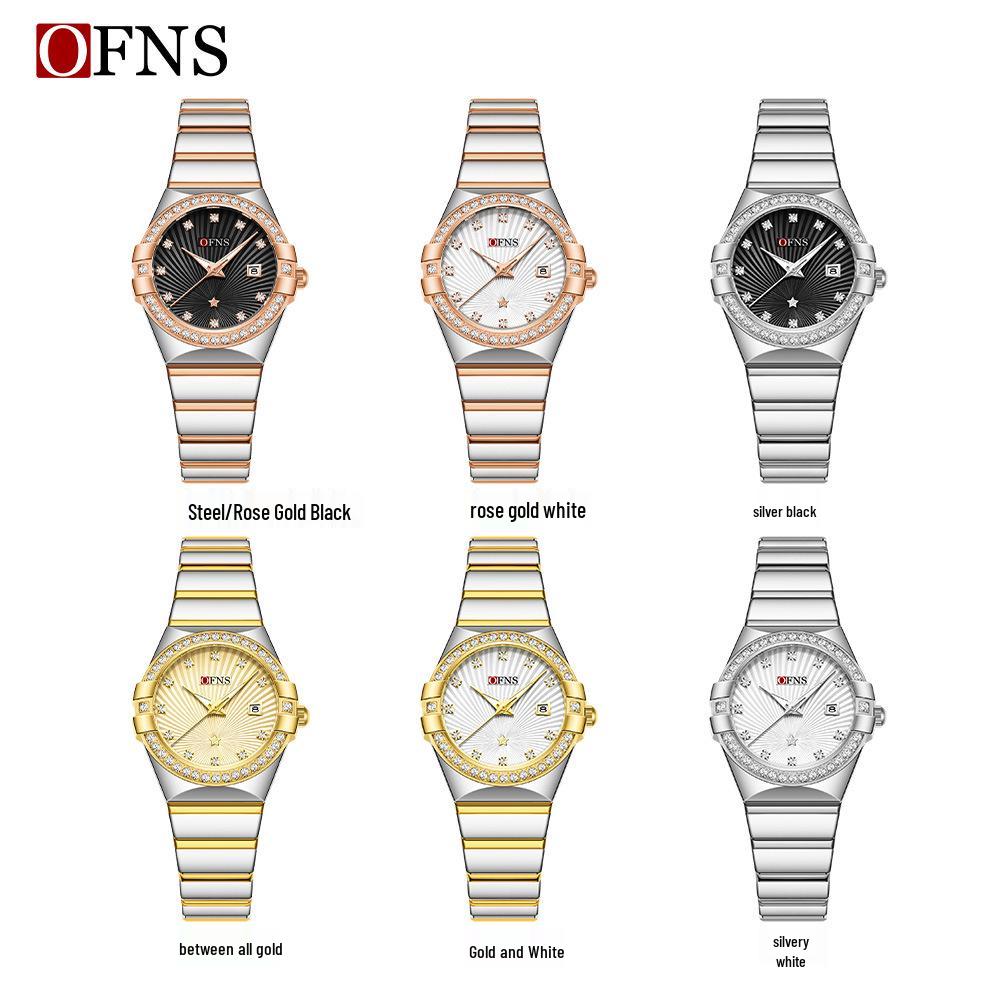 OFNS Women's Luxury Quartz Watch: Diamond-Inlaid Round Dial, Calendar, Waterproof, Luminous, Elegant Design.