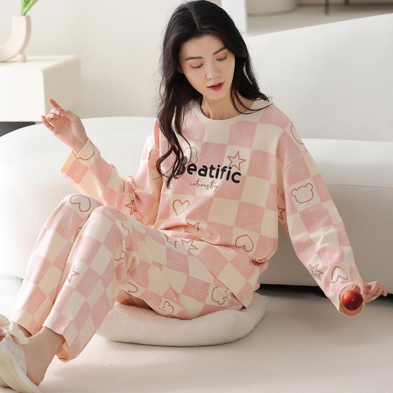 Women's Pure Cotton Long Sleeve Pajamas with Built-in Bra Pads - Cozy for Autumn/Winter, Casual Home Wear, and Suitable for Outdoors.