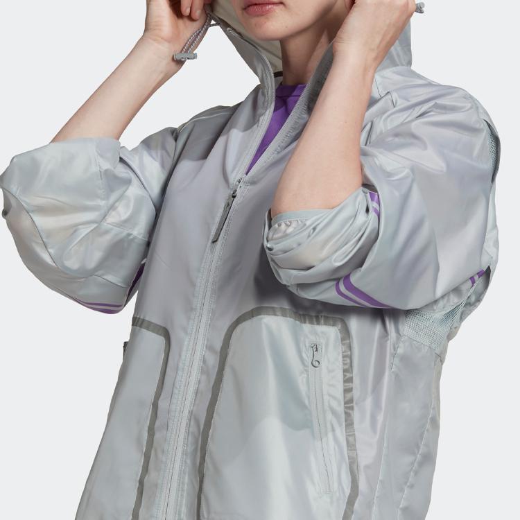 Adidas X Stella McCartney Kollaboration Letter Logo Print Kapuzen-Reißverschlussjacke Damenjacke Hell-Cyan-Grau HG6866