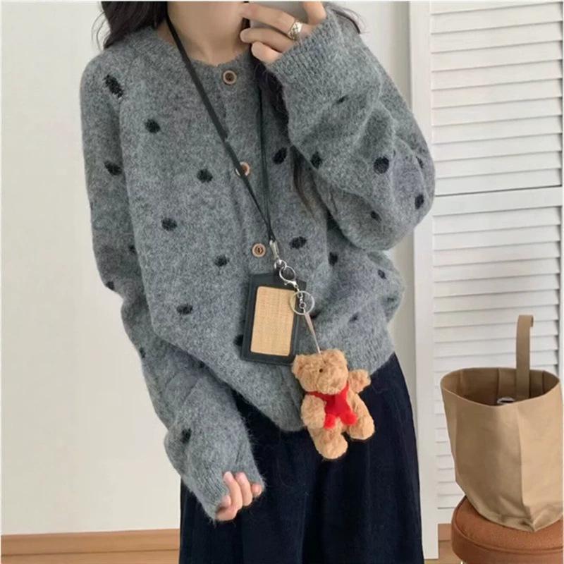 Korean Polka Dot Knit Cardigan: Women's Cozy Round Neck Sweater - 2025 Autumn/Winter Collection