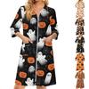Women's Casual Zip-Up Robe with Three-Quarter Sleeves and Pockets, Lightweight Knee-Length Halloween Print Loungewear