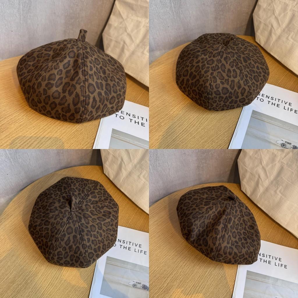 Leopard Pattern Beret Hat For Women Retro Style Breathable Winter Headwear