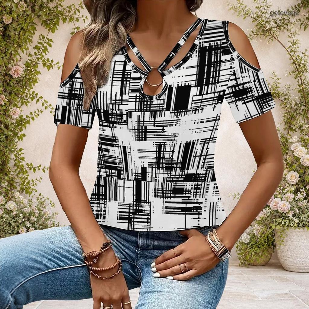 Women Plus Size Keyhole Ring Neck Cold Shoulder Short Sleeve Tie Dye Print T Shirt