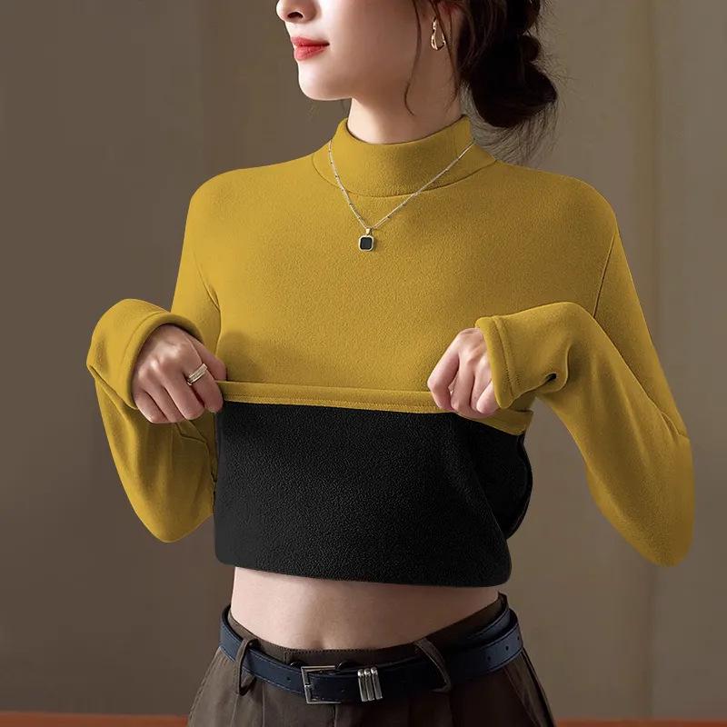 

Black Silver Fox Velvet Fleece-Lined Stand Collar Long-Sleeve Slim Base Shirt for Women - 2025 Autumn & Spring Trend S