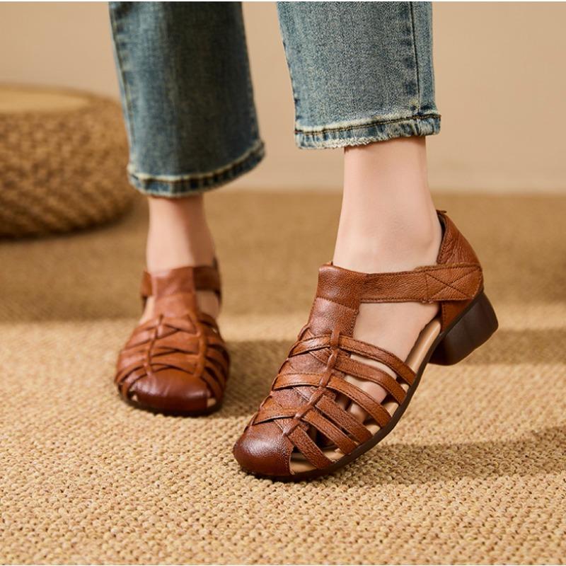 Genuine Leather Hollow Out Women Sandals Summer New Women's Flat Shoes Cow Tendon Soft Sole Comfortable Casual Mom Shoes