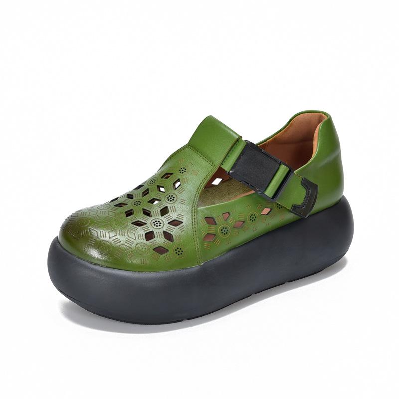 

Johnature Натуральная кожа Круглый носок Толстая подошва Женская обувь Ретро Универсальные Дышащие Ажурные Сандалии на платформе 39 зелёный