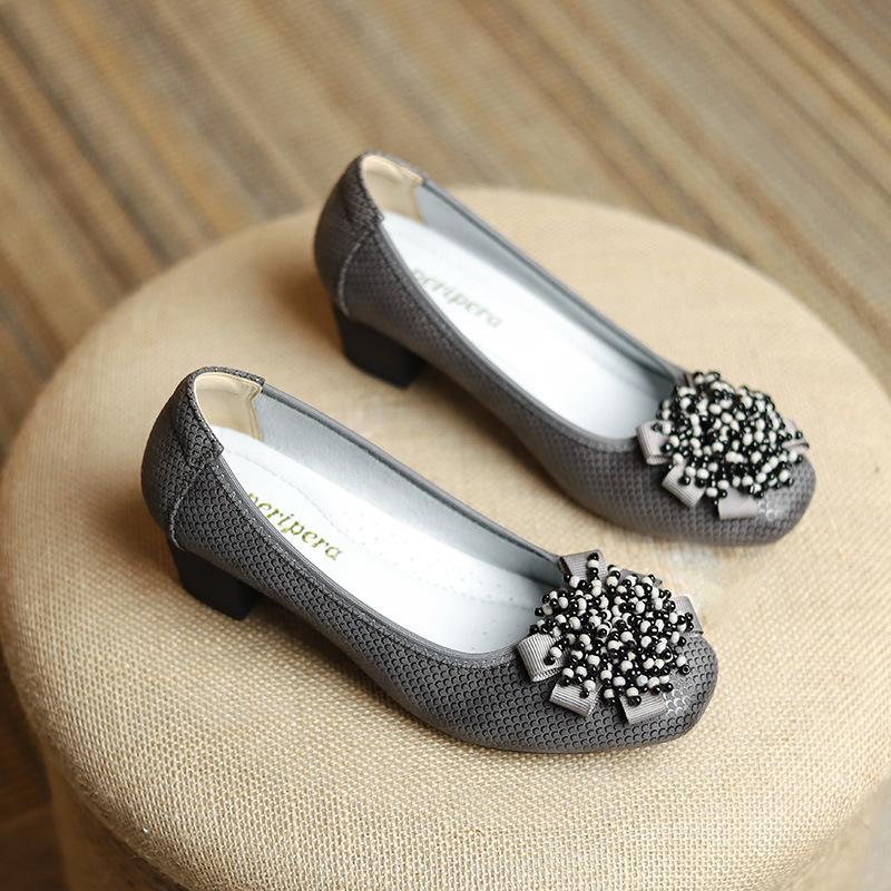 Fashion Women's Shoes Spring New Thick Heel Cowhide Shallow Mouth Single Shoes Printed Beaded Wedding Party Fashion Women Pumps