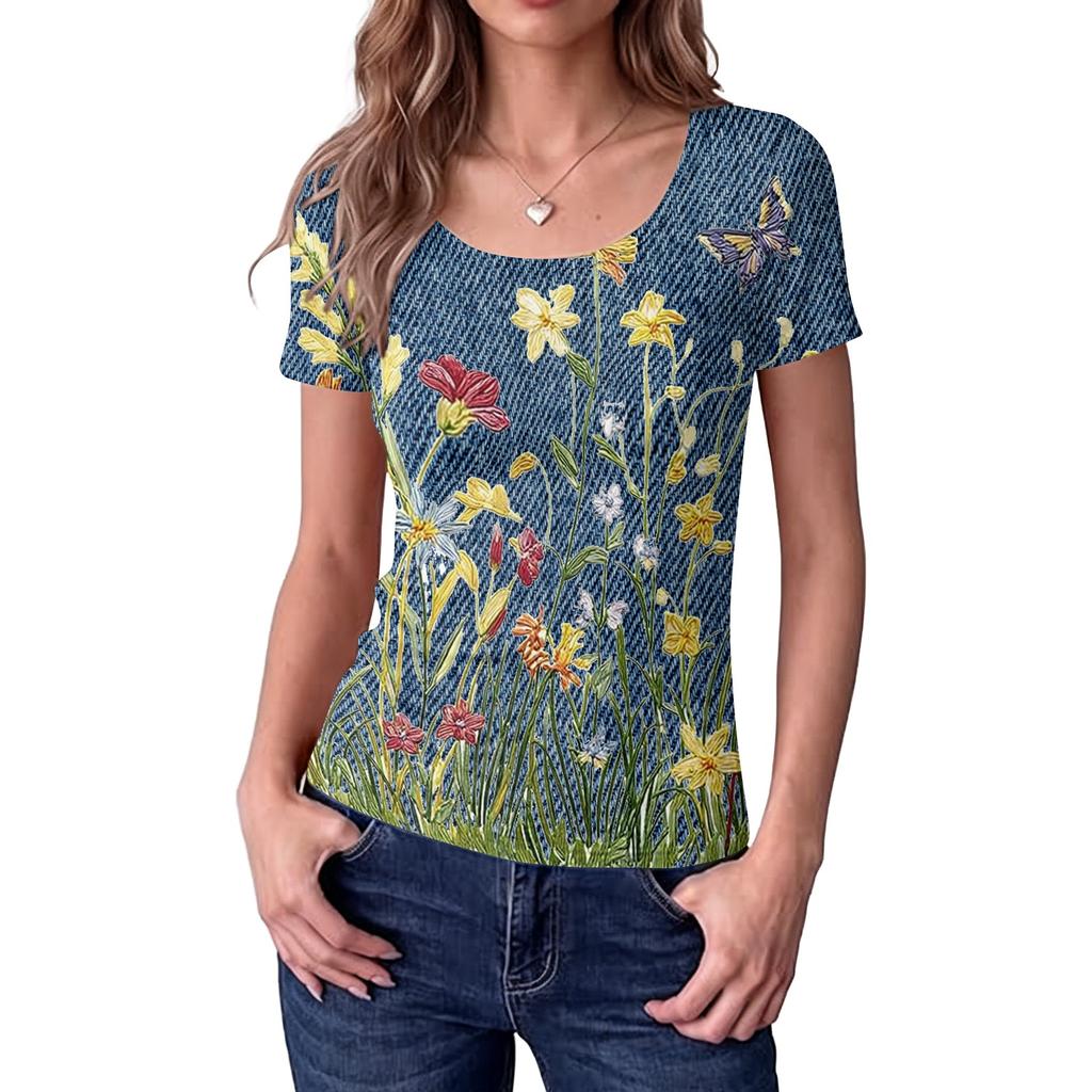 Women's Slim Fit Square Neck Vintage Floral Print Short Sleeve Top Stretchy Casual Blouse for Daily Wear and Outdoor Activities