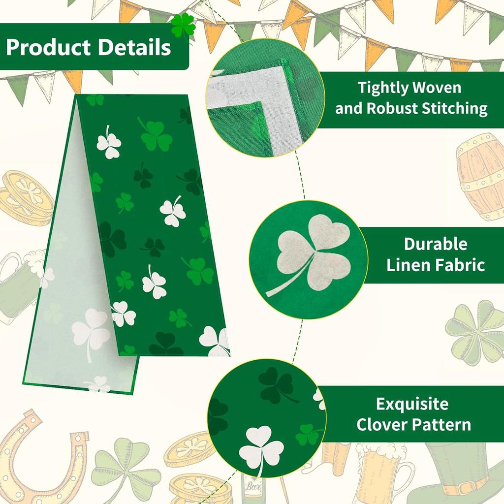 St. Patrick's Day Shamrock Table Runner 72 x 13 Inch, Green and White Clover Pattern Table Cover for Irish Holiday Celebration, Perfect for Home,