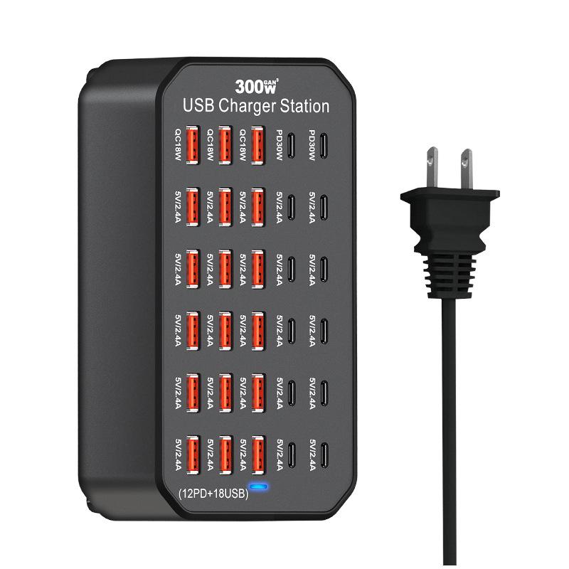 30-Port Desktop USB Charging Station with PD Fast Charging, 300W Multi-Port Adapter