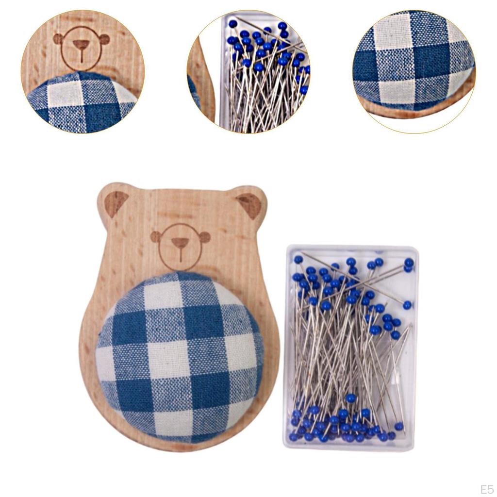 Cute Pin Cushion with Pins Ball Head Sewing Set DIY Craft Accessories Small Wooden Base