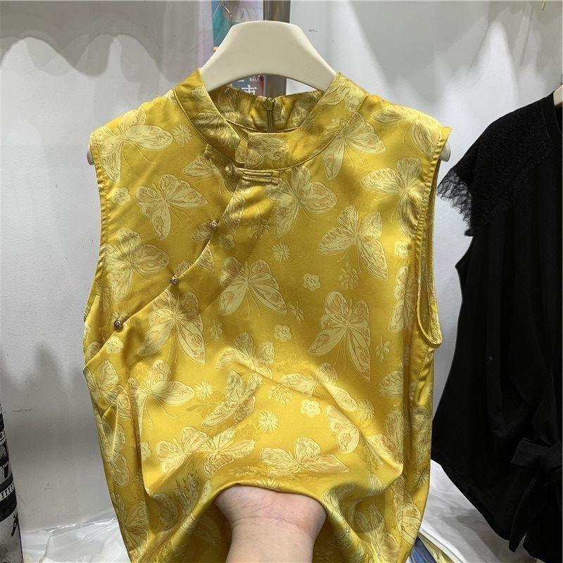 

Sleeveless stand-up collar shirt summer 2025 summer mom print top women s top M [Recommended below 50kg] жёлтый