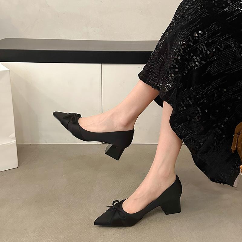 Fashion 2025 Spring New Coarse Heel Shoes Women Fashion Pointy Shallow Mouth Butterfly Knot A Slip-on Wear-resistant High Heels