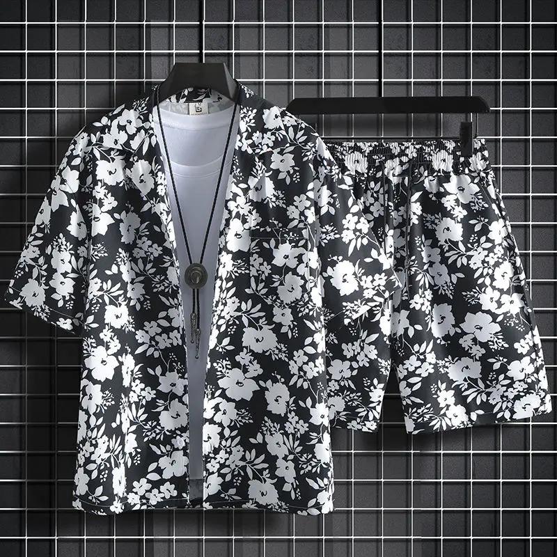 Shirts Man Sets Beach White Outfits 2 Piece Outfit Korean Two Set T-shirts Shorts Suits For Men Chic Stretch Loose Cool Shirts