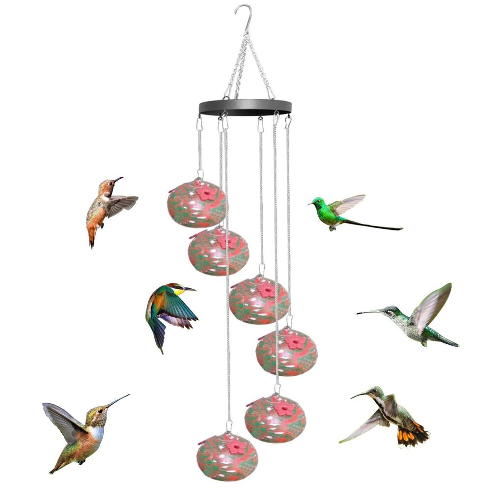 Charming Wind Chimes Hummingbird Feeders, Window Bird Feeders, Hanging Hummingbird Feeders with Flower-shaped Feeding Ports for Outdoors