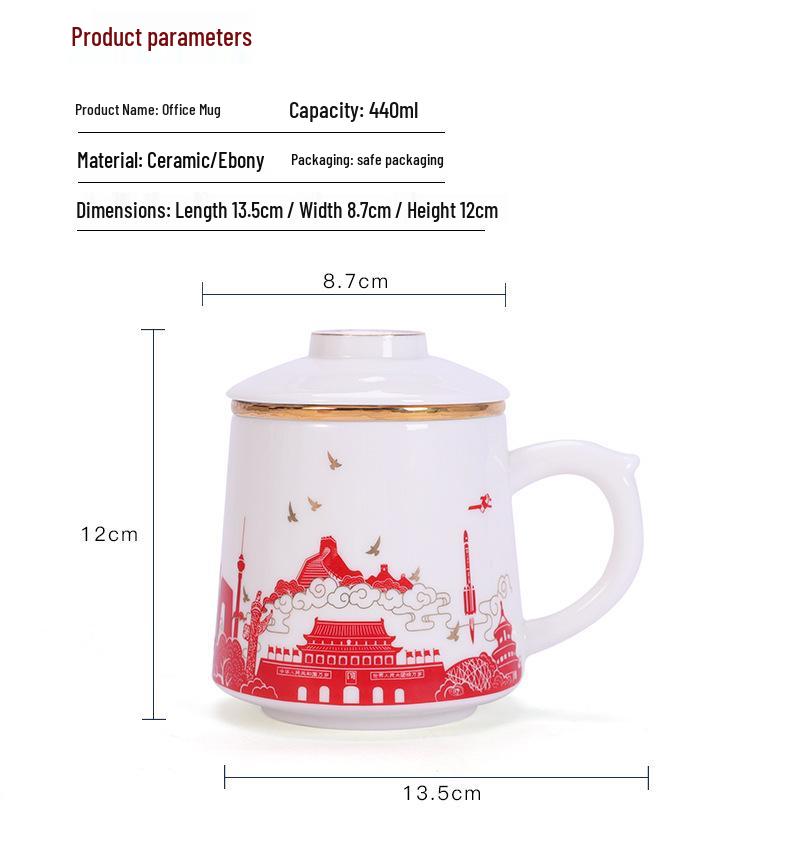 Chinese Style Ceramic Tea Cup with Lid, Filter, and Logo