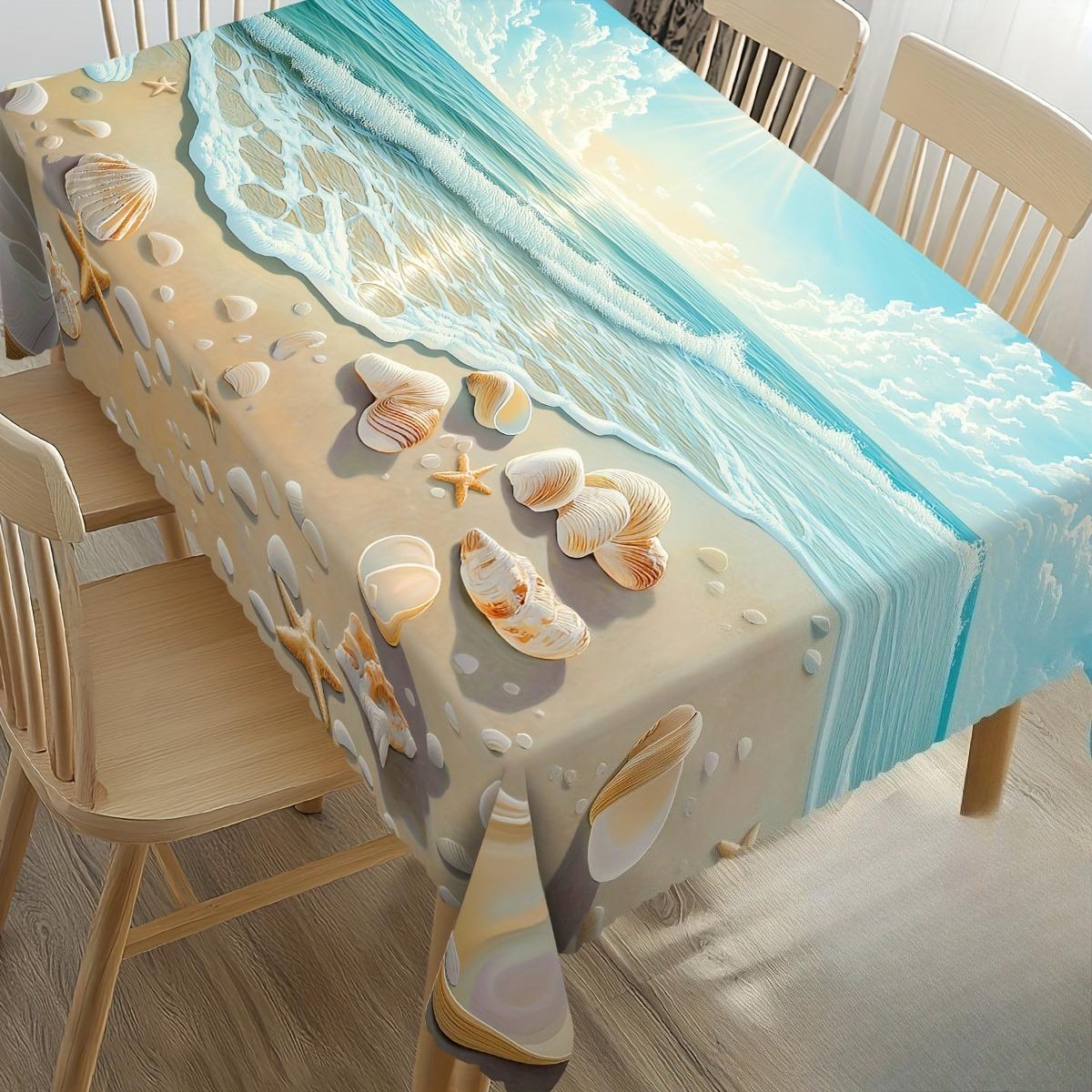Nautisch Strand Rechthoekig Tafelkleed voor Tafeldecoratie Zomer Blauw Oceaan Schelpdieren Zeesterren Keuken Eettafelkleed Feestdecor 140x180cm