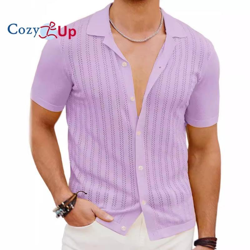 Cozy Up Men's Knit Button Down Shirt Vintage Short Sleeve Polo Shirts Casual Beach Tops