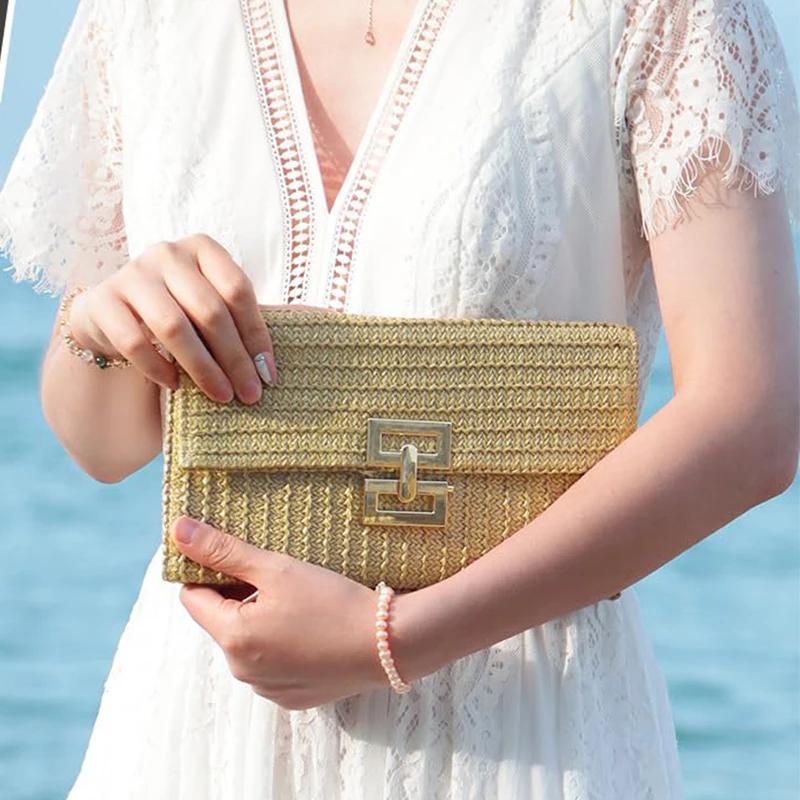 Yogodlns Women Straw Woven Handbag Versatile Beach Handbag Simple Clutch Envelope Purse Female Chain Crossbody Shoulder Bag