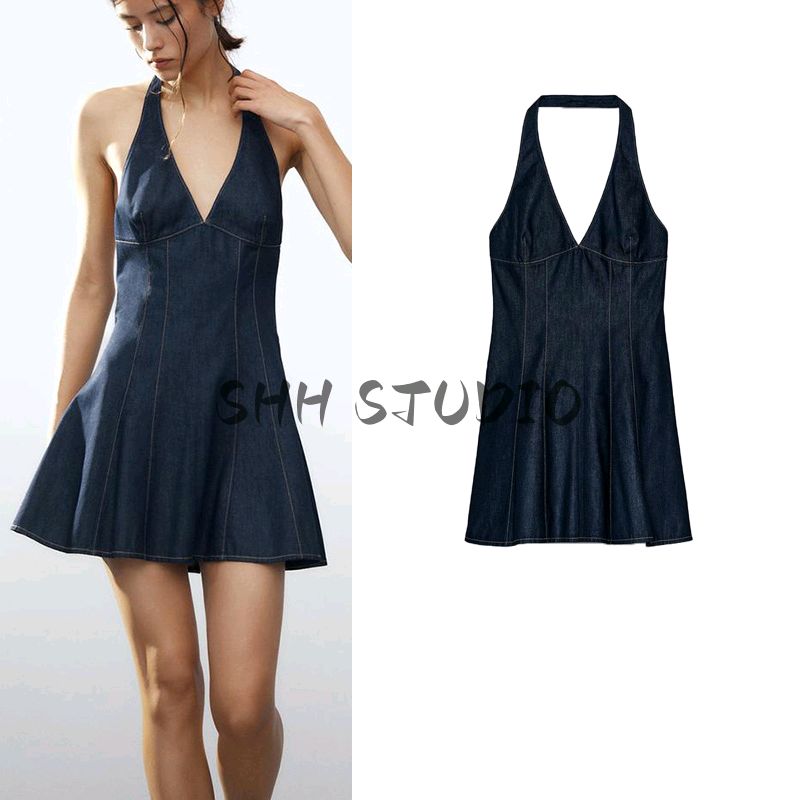 Spring and Summer New Women's Clothing French Style Hanging Collar Cotton Denim Denim Sling Short Dress 6929086