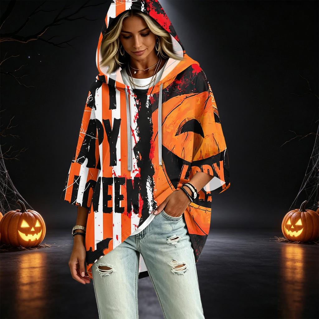 Women's Fashionable Three-Quarter-Sleeve Halloween-Printed Hooded Pullover