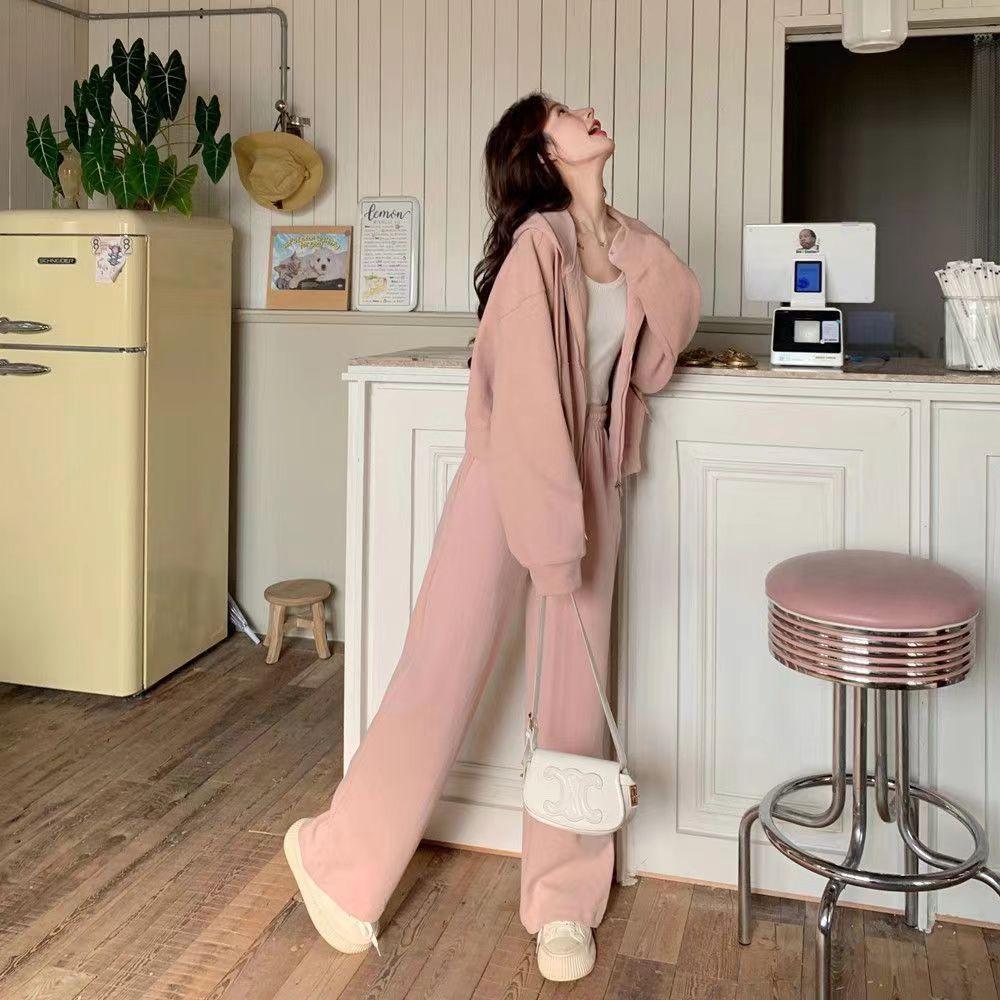 2024 Women's College Style Cotton Hoodie & Wide-Leg Pants Set - Spring/Autumn Casual Wear