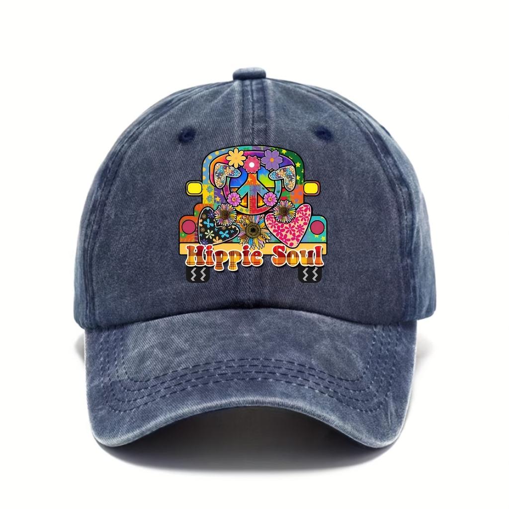 Hippie Soul VW Van Peace Sign Baseball Cap Vintage Distressed Cotton Casual Outdoor Hat