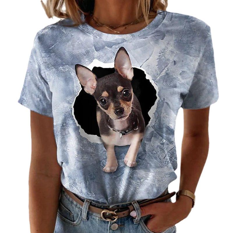 Sommar 3D-tryckt Katt Hund Kortärmad T-shirt Casual Lös Rund Hals Dammode Topp T-shirts Dam