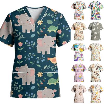 Women Men Unisex V Neck Scrub Top with Dog Print Short Sleeve Lightweight Uniform for Professionals