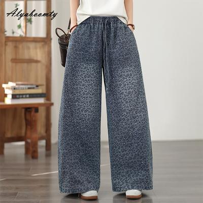 Plus Size Spring Autumn Women Wide Leg Jeans Drawstring Elastic Waist Leopard Diamonds Casual Loose Denim Trousers Elegant Fashion Ladies' Jeans