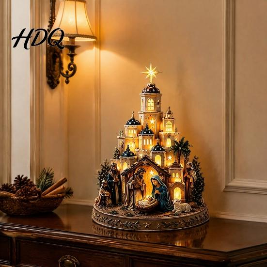 Glowing Manger Figurines Bethlehem Nativity Church Light Tower Lighted Christmas Village Scene with Star Sacred Display Tower & Figurine Christian