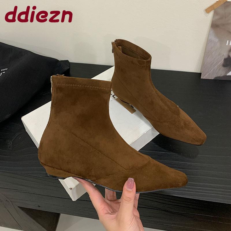 Fashion Fashion Flock Women Ankle Boots Zippers Shoes Female Pointed Toe Footwear Ladies Short Modern Boots With Low Heel Shoes
