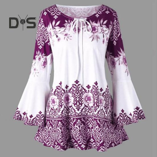 Women Top Flower Print Horn Sleeve A Line Loose Hem Lace Up Round Neck Slim Fit Tight Waist Contrast Color Lady Spring Fall Blouse Top