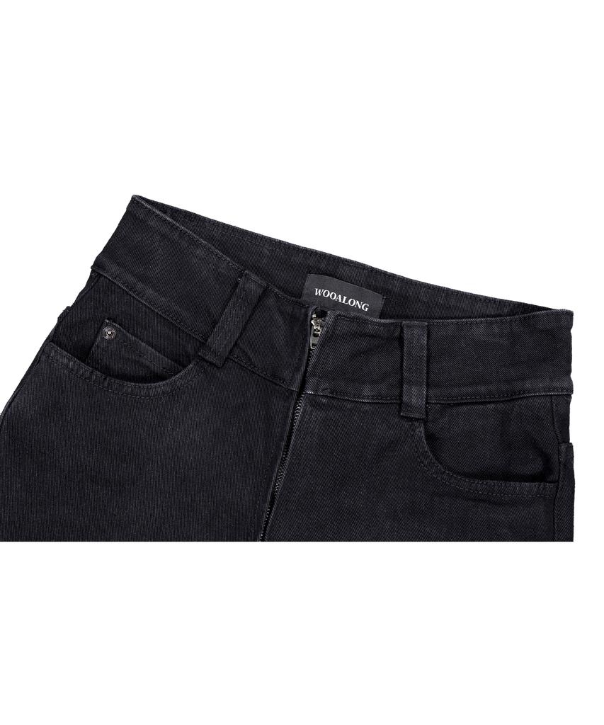 Uallong Black Western Washed Boots-Cut Denim Pants - Black