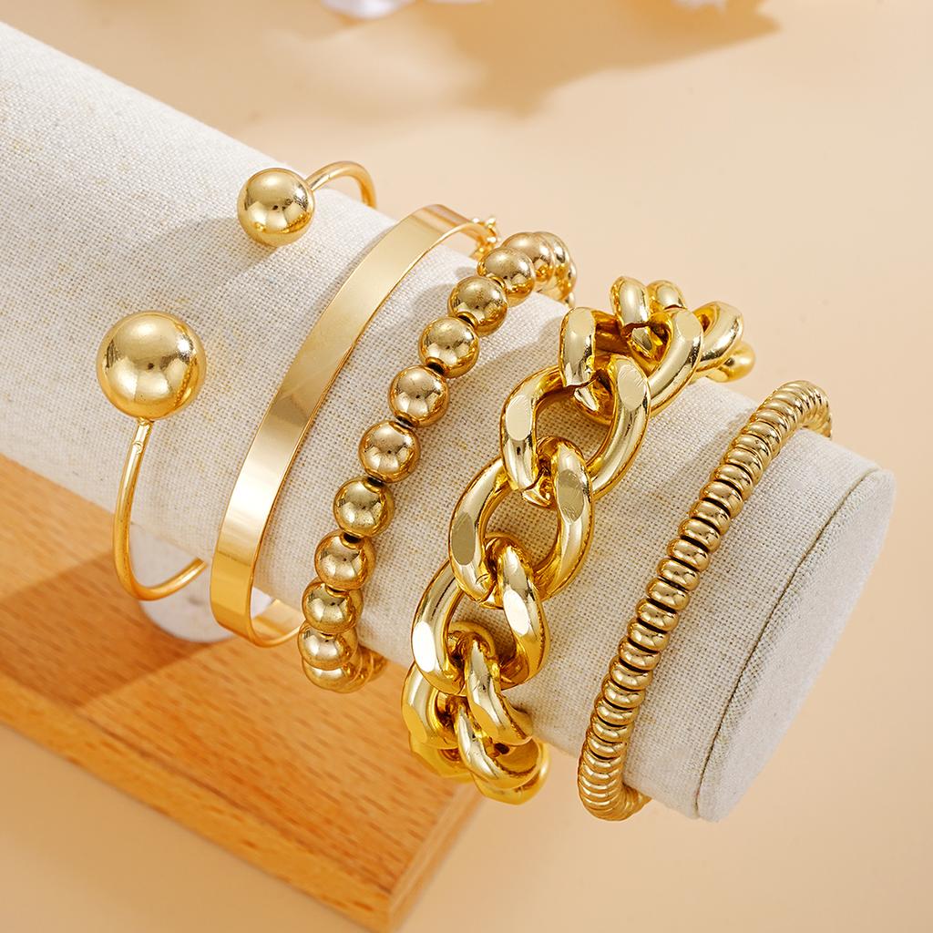 5pcs Punk Metal Cuban Chain Bracelets Set for Women Simple Geometric Gold Color Chunky Beaded Bracelets New Fashion Jewelry Gift