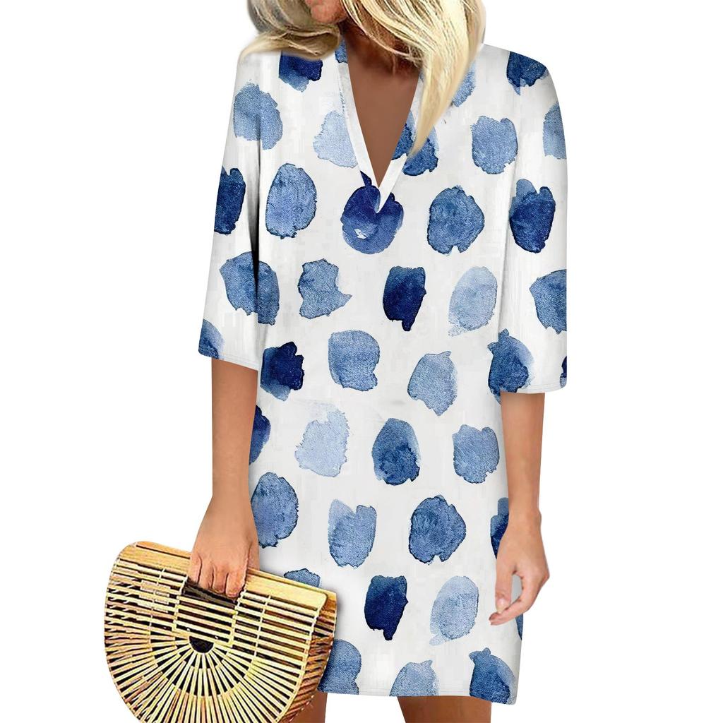 Summer Dresses For Women Fashion Casual Printed Loose V Neck 3/4 Sleeve Dress