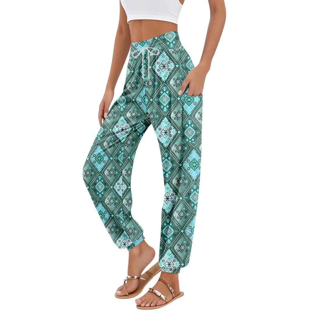 Women's Pocket Drawstring Trousers High Waist Yoga Bohemian Printed Casual Pants