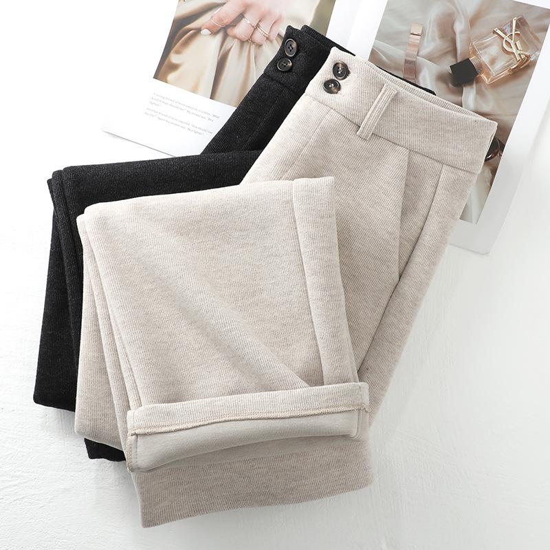 Apricot High-Waisted Slim-Fit Straight-Leg Wool Pants - Women's 2024 Autumn/Winter Casual Style.