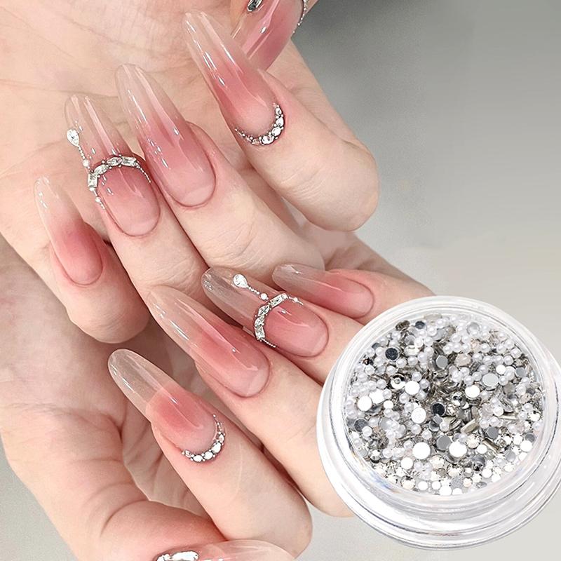 1Box Diy Nail Art Decor Sparkling White Diamond Zircon Pearl Mixed Nail Drill Flat Nail Jewelry Manicure Diamond Manicure Design