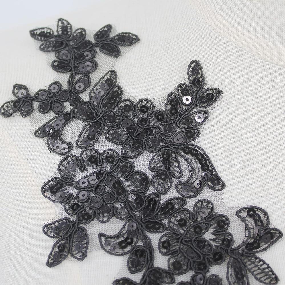 1Pair White Black Applique Flower Sequins Lace Fabric Patch For Garment Wedding Accessories