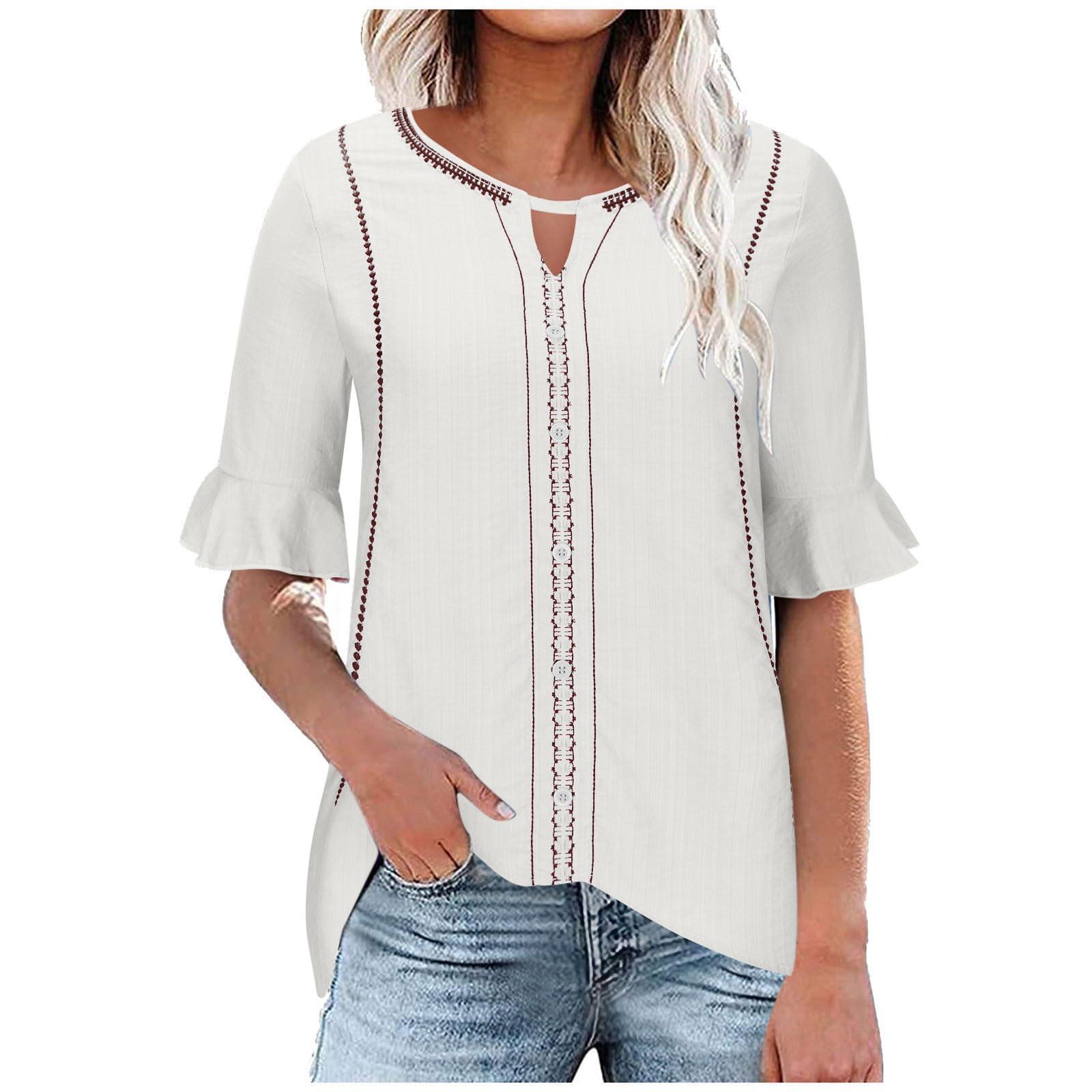 

Женская Мода Повседневная Хлопково-Льняная Футболка с Рукавом Пять Точек и V-образным Вырезом, Топы с Сотней Вышивок XL белый