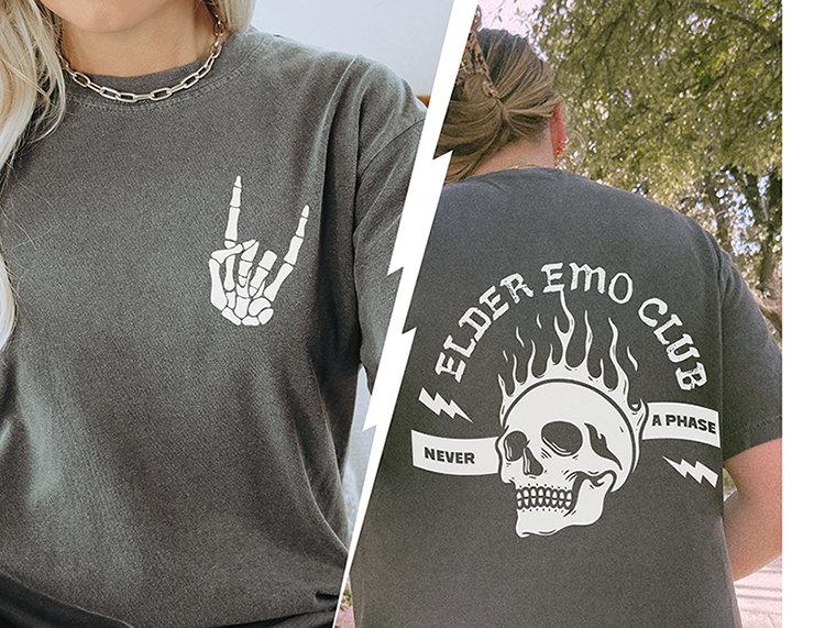 Unisex Elder Emo Club Graphic TShirt Vintage Flame Skull Rock Hand Oversize Black Tee YK Streetwear