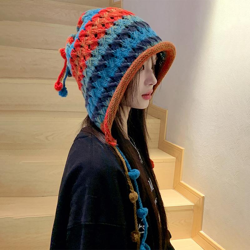 Women'S Baotou Hat Autumn And Winter Colorful Tassel Ball Tie Earmuffs Hollow Knitted Wool Hat