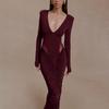European Style 2025 Winter Deep V-neck Ruched Hollow-out Hip-hugging Dress for Women