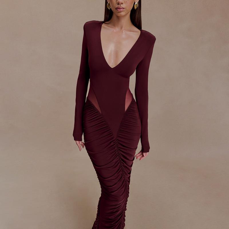 European Style 2025 Winter Deep V-neck Ruched Hollow-out Hip-hugging Dress for Women