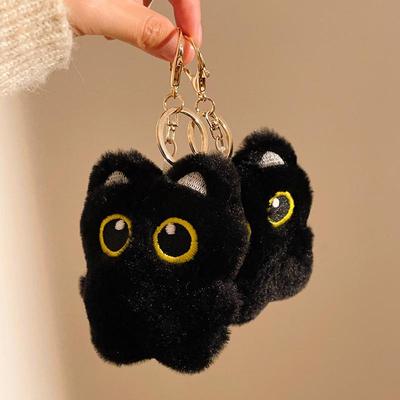 Quiekende Schwarzkatze mit großen Augen Plüschtier Schlüsselanhänger – Vielseitiges Accessoire für Taschen & Kleidung