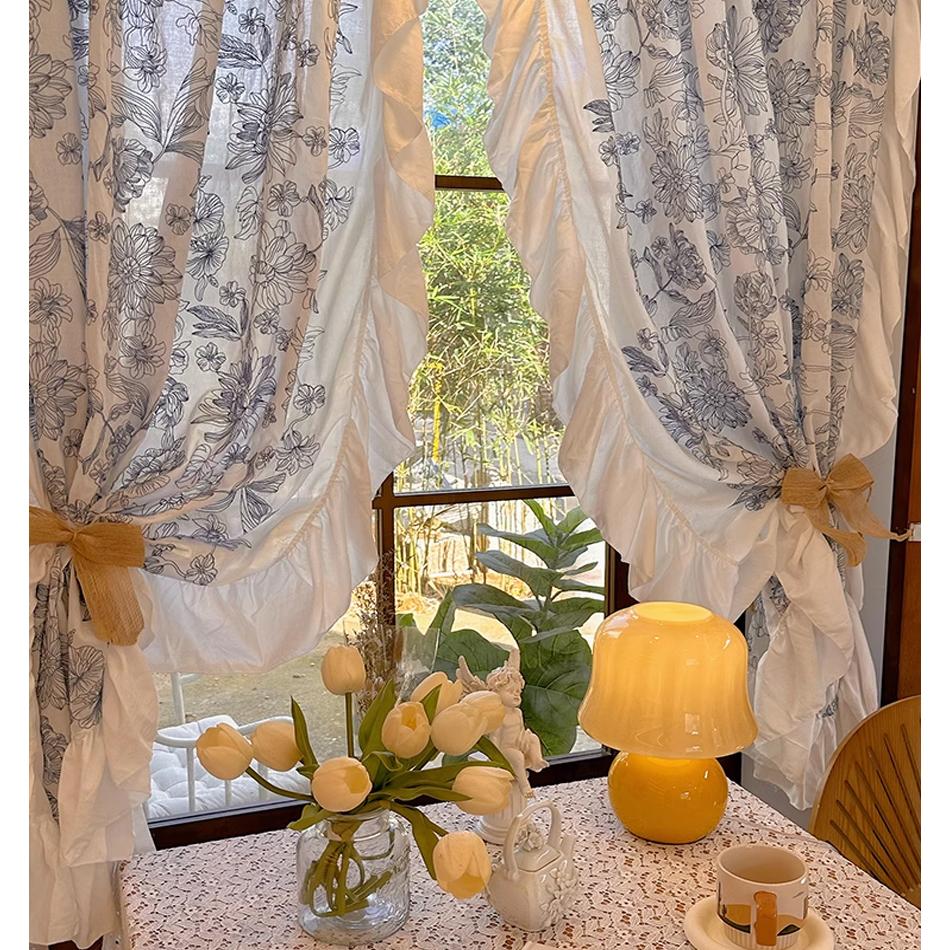 Korean Rufffle Embroidery Curtains Road Pocket Shade Curtain Floral for Kitchen Bedroom Living Room Bay Window Cabinet Curtain