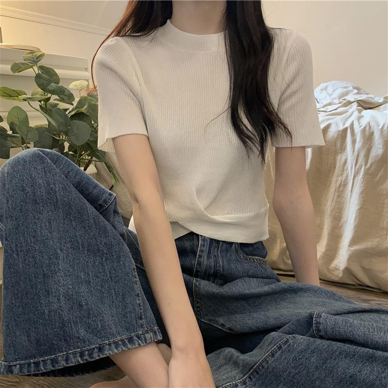 Thin Slim Fit Design Niche Knit Shirt Short Sleeved T-shirt Women's Summer High Waist Exposed Navel Short Top