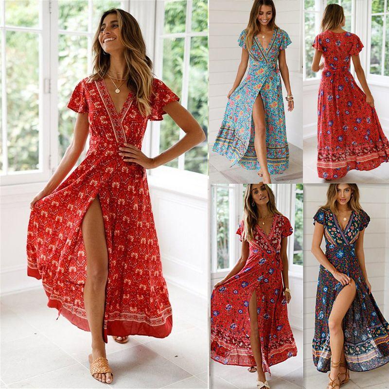 Elegant Women Wrap Summer Boho Floral Short Sleeve Maxi Print Dress For Holidays